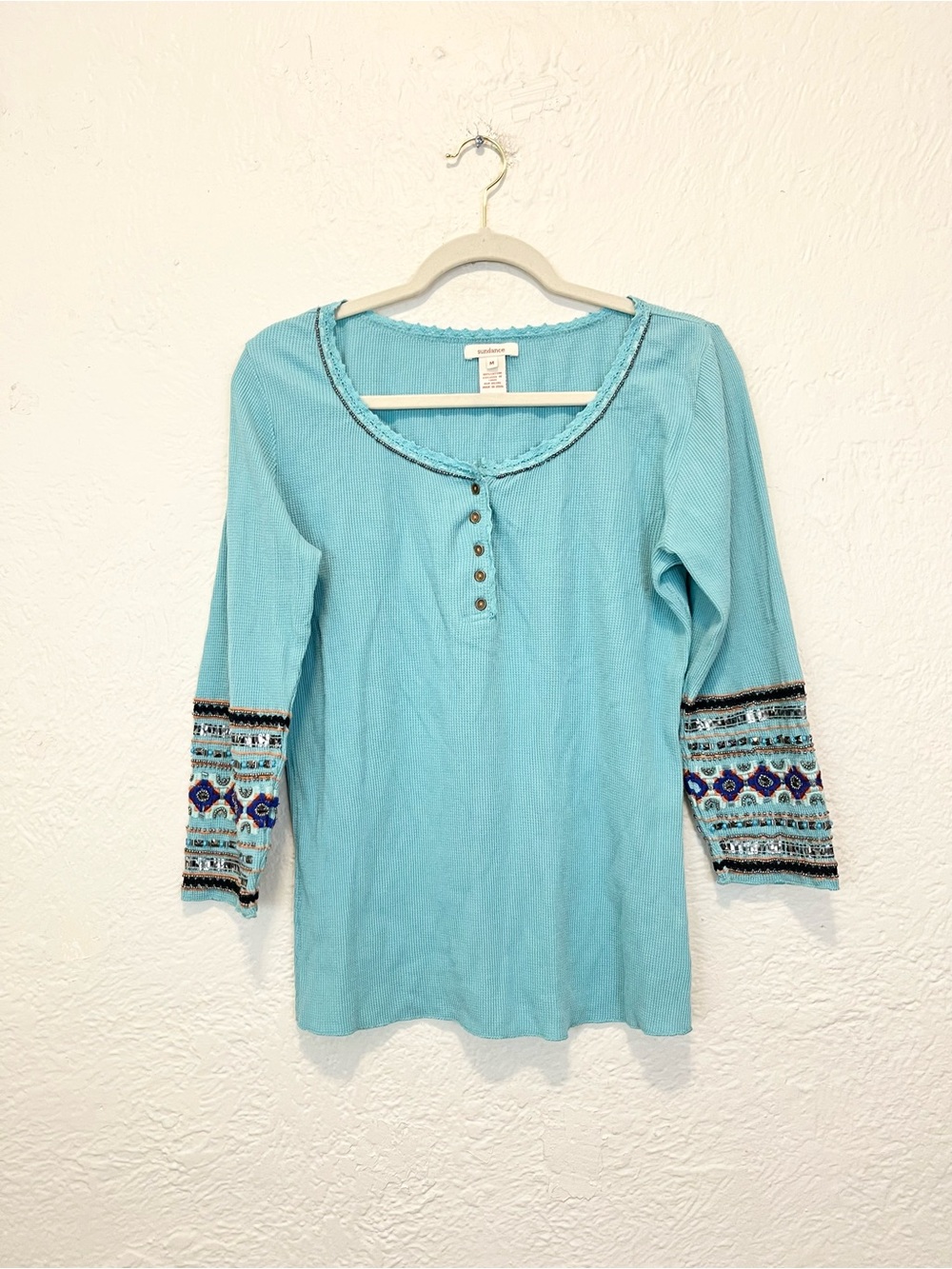 Sundance Aqua Blue Henley Top Beaded Cuffs Medium M